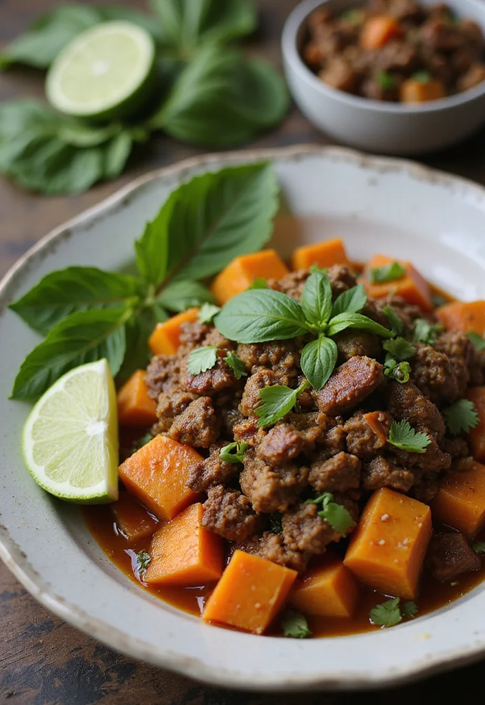 12 Ground Beef Sweet Potato Bowl Recipes That Taste Incredible - 9. Thai Basil Ground Beef Sweet Potato Bowl 1