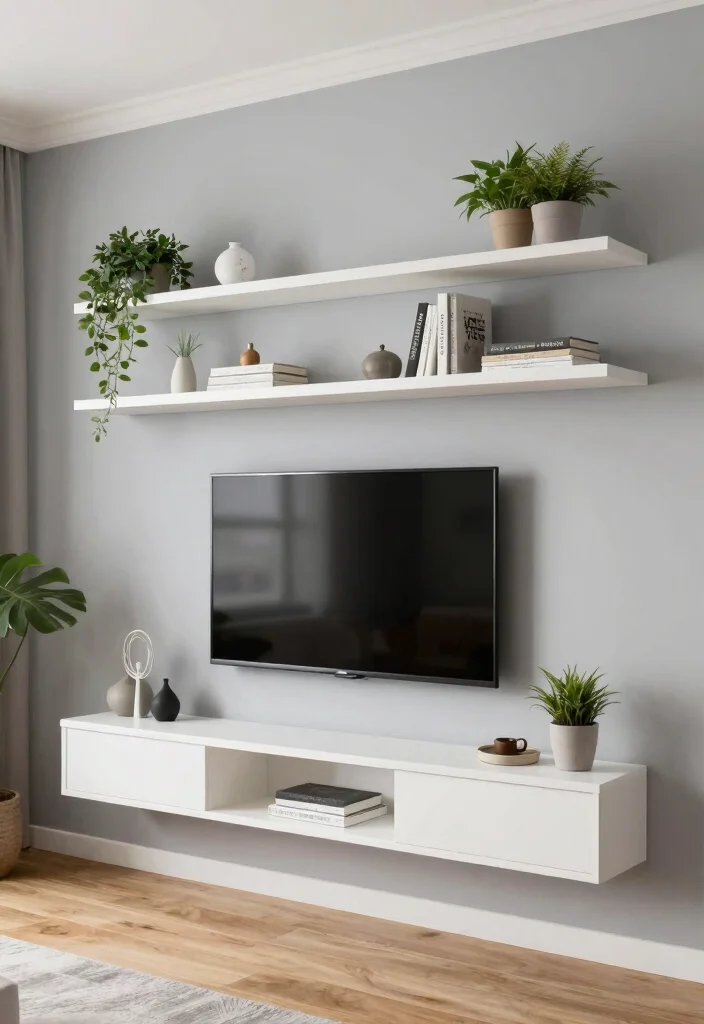 15 TV Stand Designs TV Walls Ideas With Sleek Modern Appeal - 1. Wall-Mounted TV with Floating Shelves 1