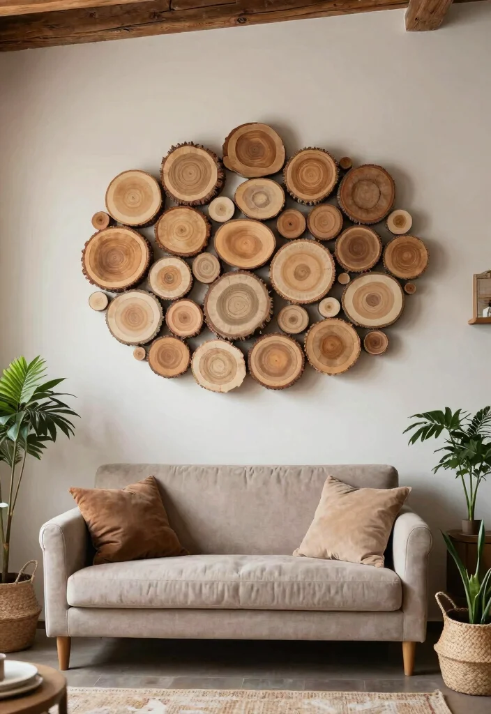 15 Wall Art Ideas for Your Living Room That Transform Your Walls - 11. Nature-Inspired Wood Slice Art 1