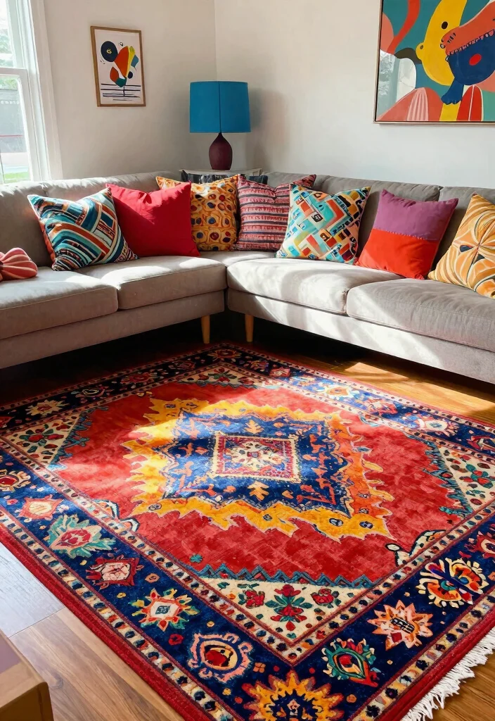 16 Colorful Living Room Rug Ideas That Add Instant Energy - 13. Eye-Catching Patterns 1
