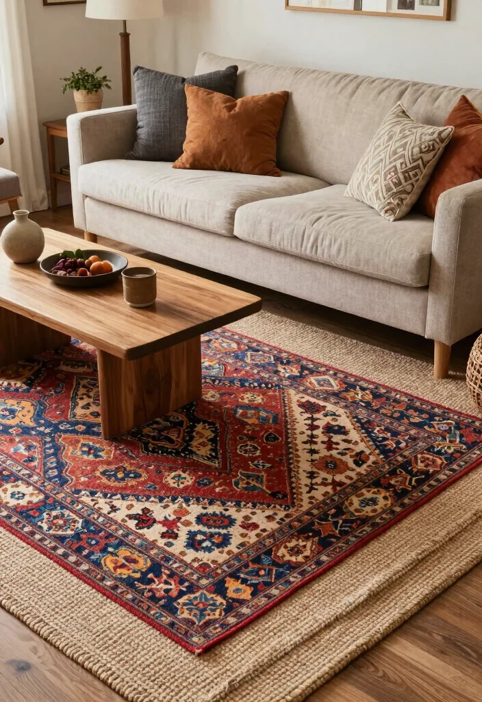 16 Colorful Living Room Rug Ideas That Add Instant Energy - 14. Rug Layering 1