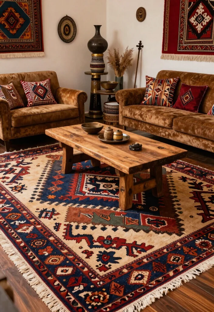 16 Colorful Living Room Rug Ideas That Add Instant Energy - 9. Tribal Influence 1