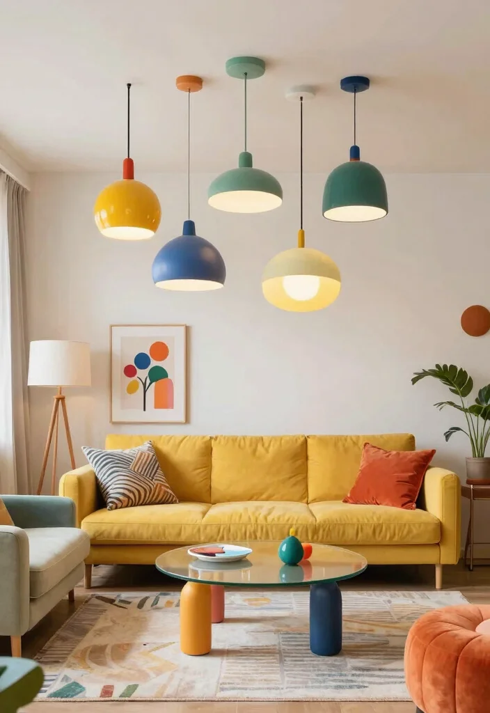 16 Living Room Chandelier Low Ceiling Ideas That Shine Brightly - 14. Colorful Pendant Lights 1