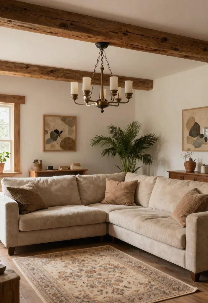 16 Living Room Chandelier Low Ceiling Ideas That Shine Brightly - 3. Rustic Wood Beam Chandelier 1
