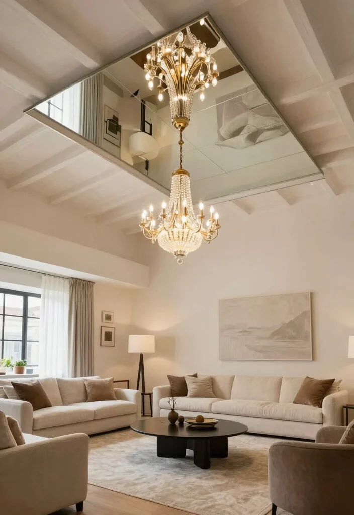 17 Big Mirrors in Living Room Ideas That Open Up the Space - 8. Ceiling-Mounted Mirrors 1