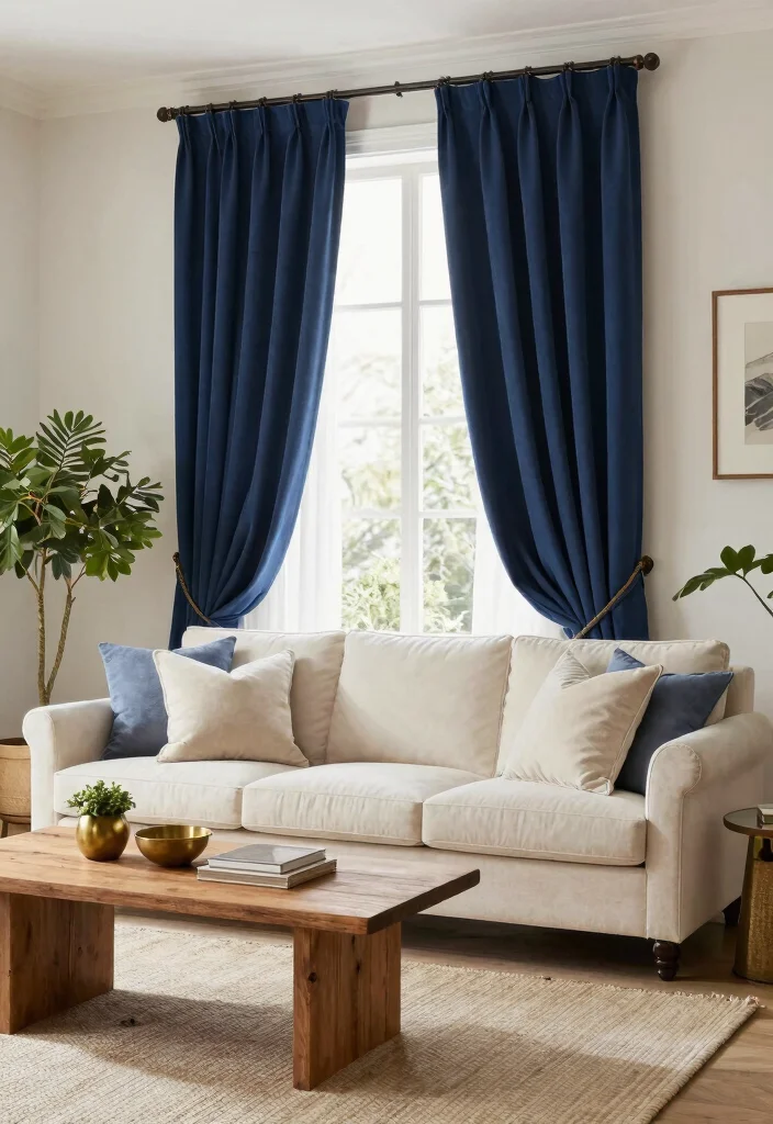18 Dark Blue Curtains Living Room Ideas With Moody Elegance - 1. Navy Blue Drapes with Light Furniture 1