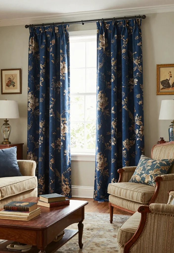18 Dark Blue Curtains Living Room Ideas With Moody Elegance - 10. Vintage Charm with Dark Blue Curtains 1