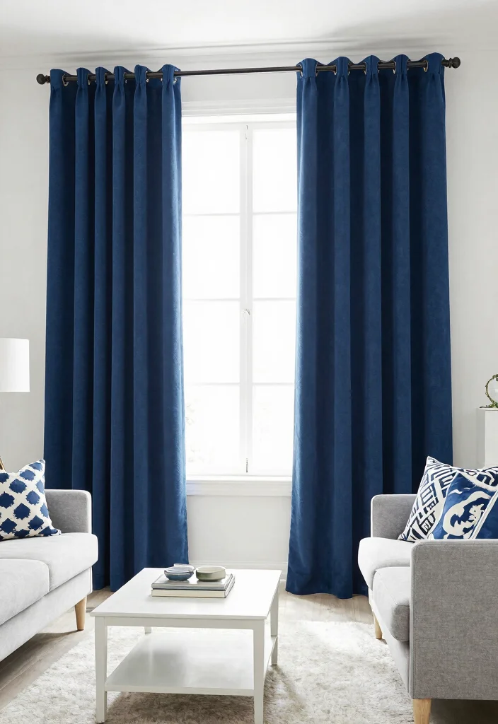 18 Dark Blue Curtains Living Room Ideas With Moody Elegance - 11. Vibrant Blue and White Combo 1