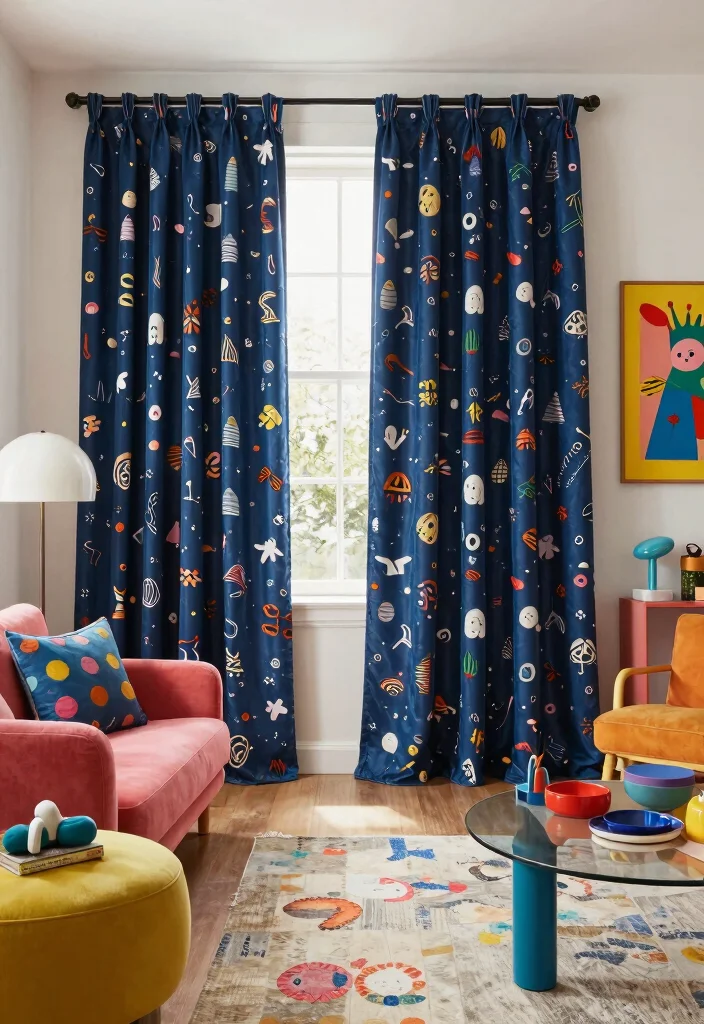 18 Dark Blue Curtains Living Room Ideas With Moody Elegance - 12. Whimsical Patterns and Playful Decor 1