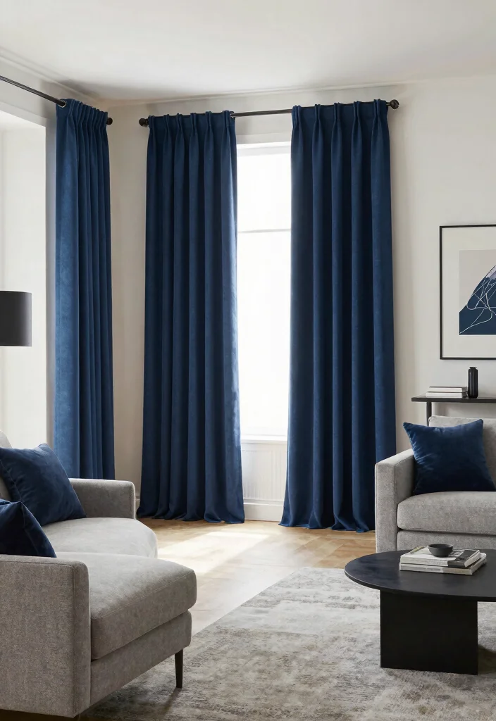 18 Dark Blue Curtains Living Room Ideas With Moody Elegance - 14. Dark Blue Accents with Neutral Backdrops 1