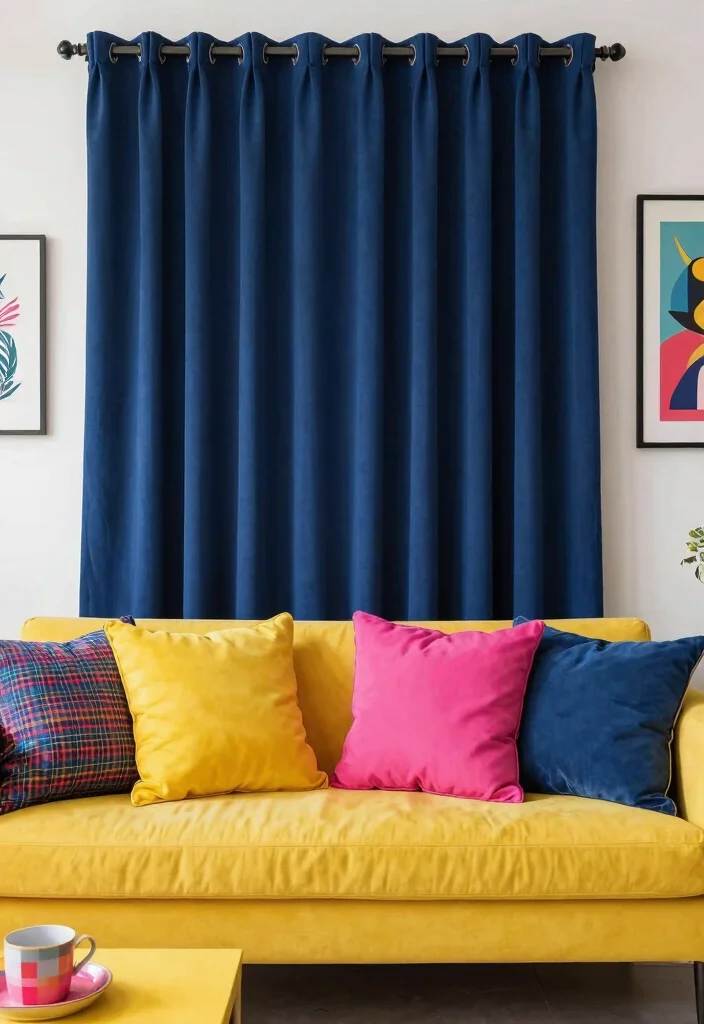 18 Dark Blue Curtains Living Room Ideas With Moody Elegance - 15. Dark Blue with Vibrant Accents 1