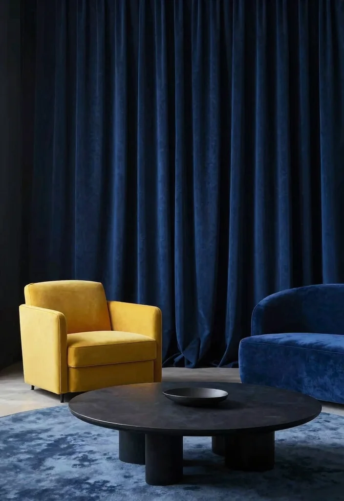 18 Dark Blue Curtains Living Room Ideas With Moody Elegance - 16. Dark Blue Curtains with Statement Furniture 1