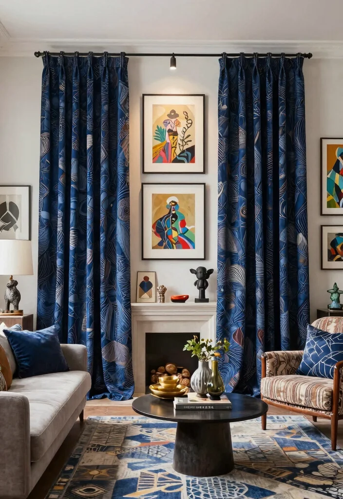 18 Dark Blue Curtains Living Room Ideas With Moody Elegance - 17. Artistic Touches with Dark Blue Curtains 1