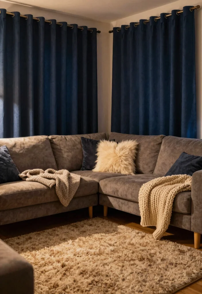 18 Dark Blue Curtains Living Room Ideas With Moody Elegance - 18. Cozy Layers with Dark Blue Curtains 1