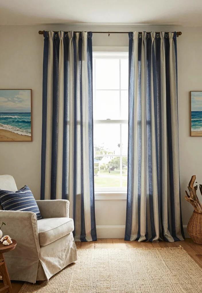 18 Dark Blue Curtains Living Room Ideas With Moody Elegance - 2. Coastal Vibes with Striped Navy Curtains 1