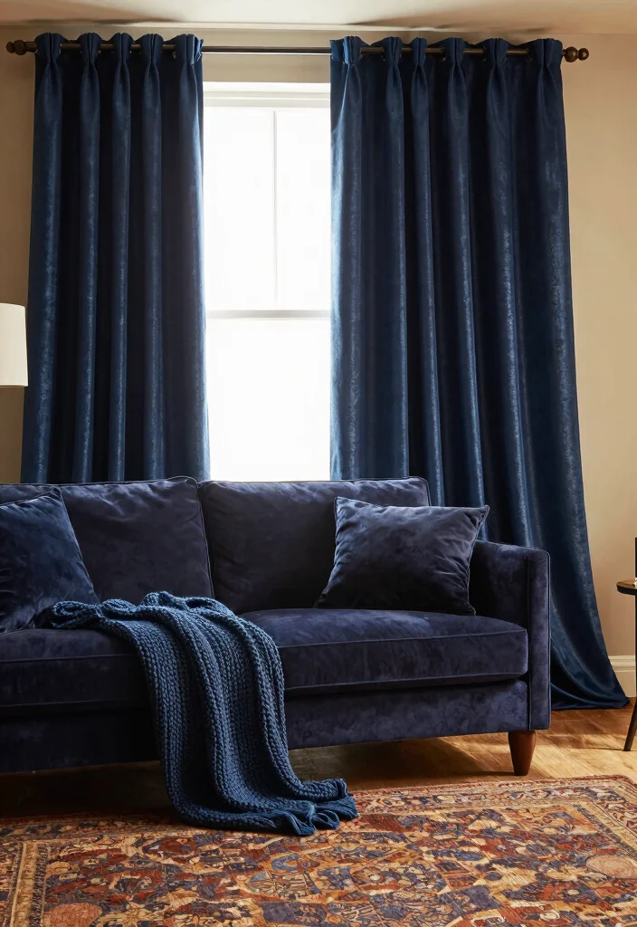 18 Dark Blue Curtains Living Room Ideas With Moody Elegance - 3. Layered Textures with Dark Blue 1