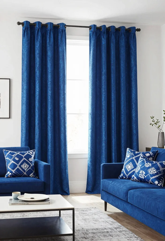18 Dark Blue Curtains Living Room Ideas With Moody Elegance - 4. Bold Patterns and Dark Blue 1
