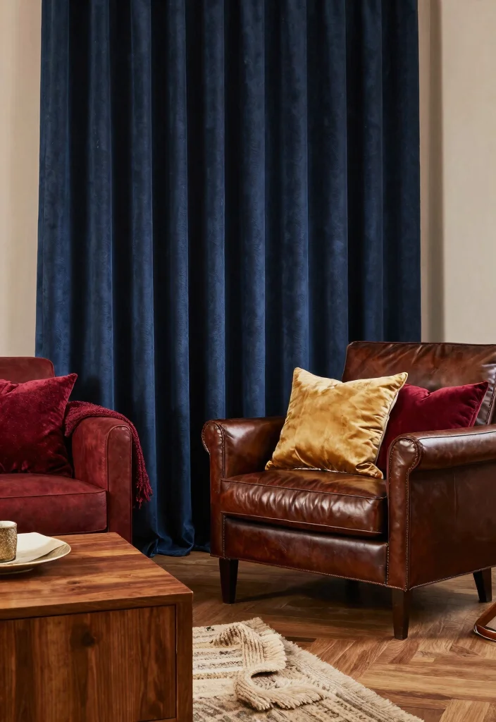 18 Dark Blue Curtains Living Room Ideas With Moody Elegance - 5. Mixing Dark Blue with Warm Tones 1