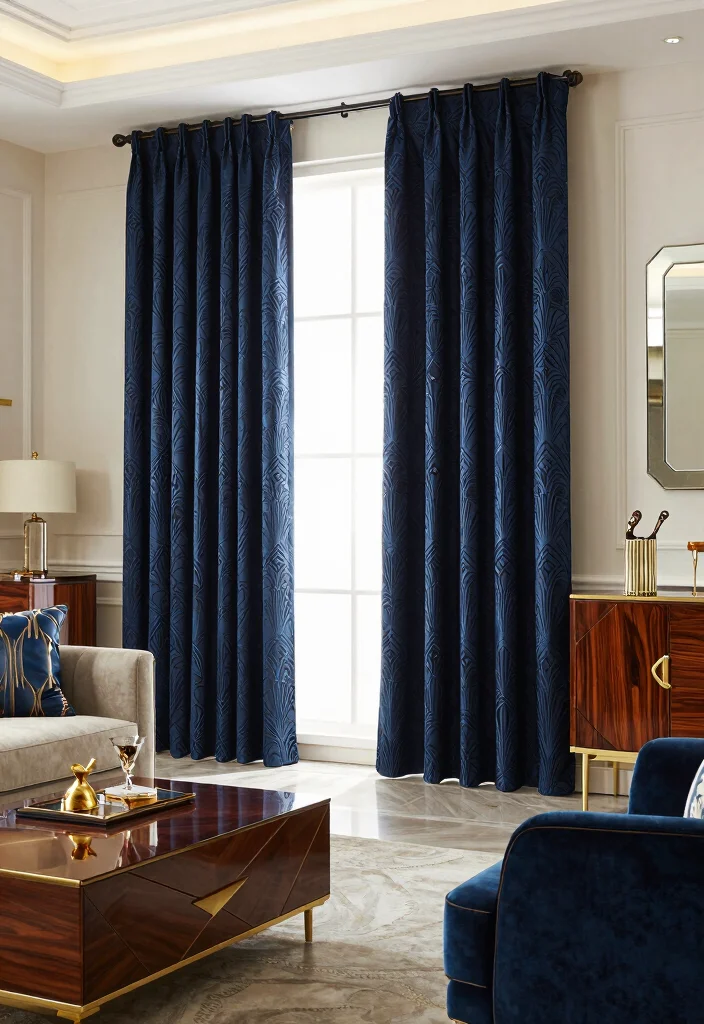 18 Dark Blue Curtains Living Room Ideas With Moody Elegance - 6. Dark Blue Curtains with Art Deco Flair 1