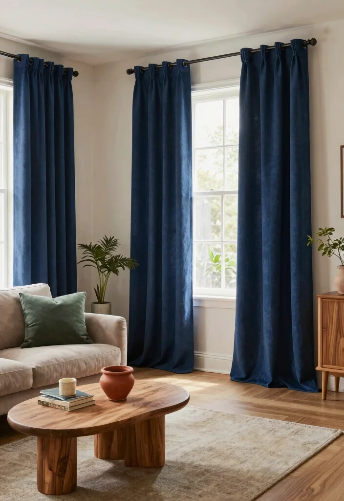 18 Dark Blue Curtains Living Room Ideas With Moody Elegance - 8. Dark Blue with Earthy Accents 1