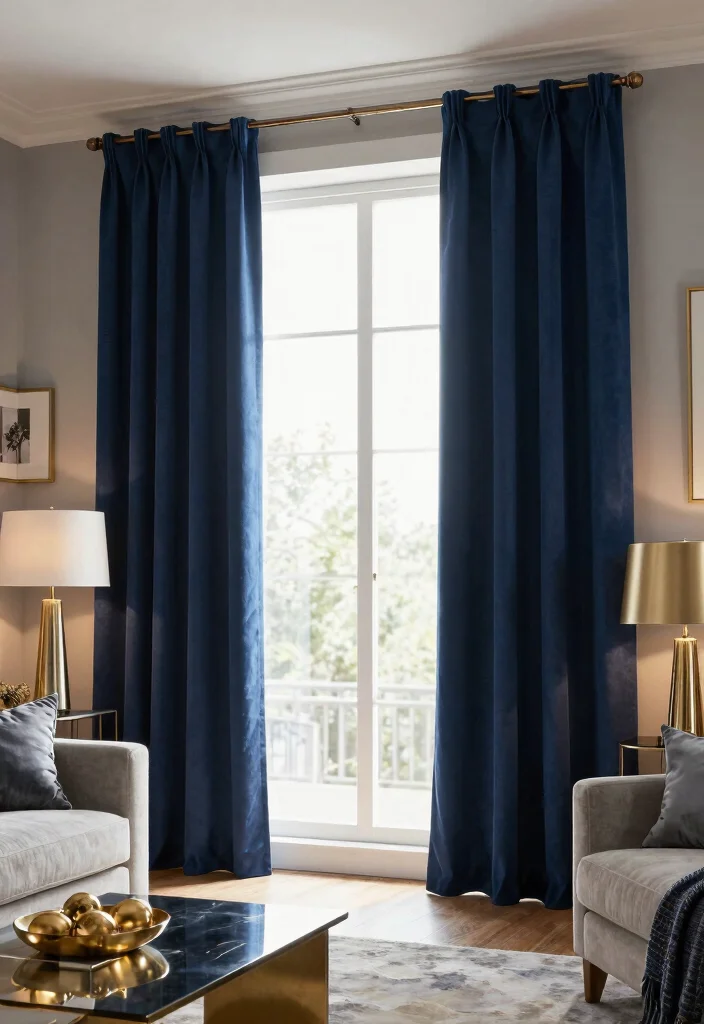 18 Dark Blue Curtains Living Room Ideas With Moody Elegance - 9. Dark Blue with Metallic Accents 1