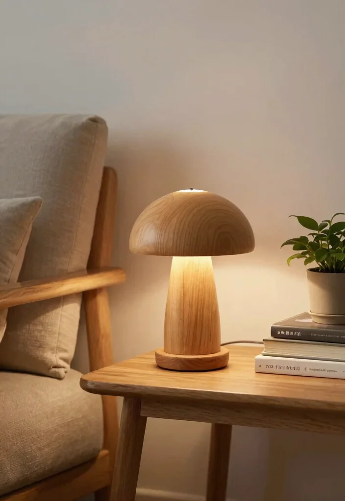18 Mushroom Table Lamp Ideas With Cozy Retro Glow - 11. Nature-Inspired Wooden Mushroom Lamp 1
