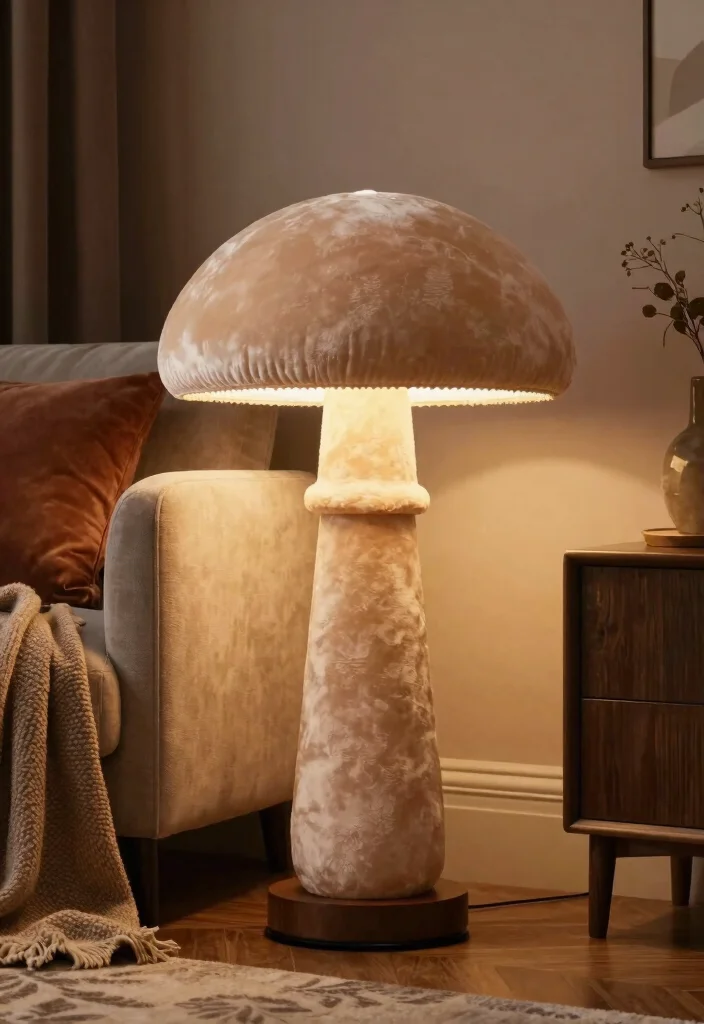 18 Mushroom Table Lamp Ideas With Cozy Retro Glow - 17. Soft Velvet Mushroom Lamp 1