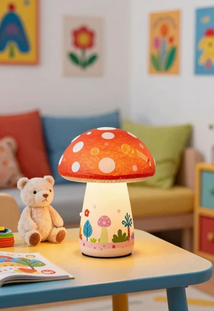 18 Mushroom Table Lamp Ideas With Cozy Retro Glow - 5. Whimsical Printed Mushroom Lamp 1