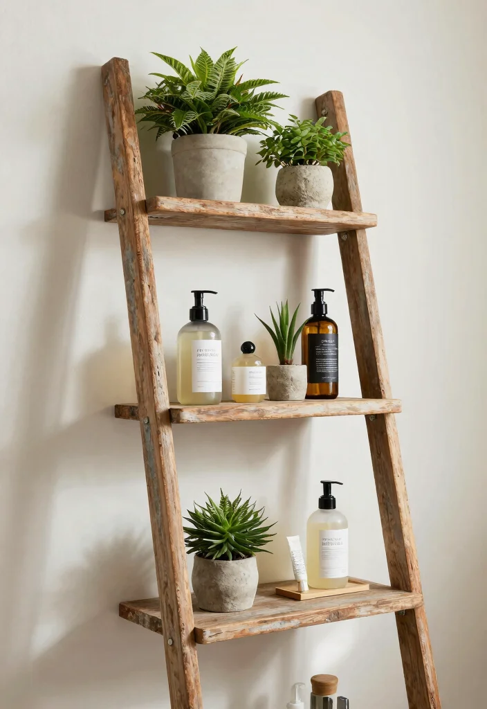 18 Shower Shelf Ideas With Smart Built In Storage - 7. Vintage Ladder Shelf for Character 1